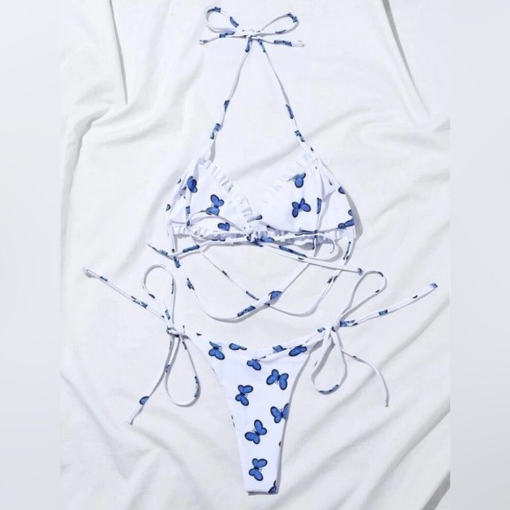 White And Blue Butterfly Print Tie Halter Bikini Size Large Brand New - Picture 4 of 5